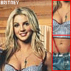 Britney Spears in a blue and white checkered dress with red straps, smiling against a wooden background.