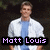 A pixelated image of a person in a white jacket and blue shirt with purple text reading "Matt Louis is my best Friend!!" across three