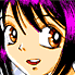 Pixelated anime-style character with brown hair and purple headband next to orange cat-like figure pointing upward.
