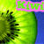 A pixelated image of a sliced kiwi fruit with green flesh and black seeds, featuring text overlays in pink and green.