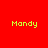Four identical pixelated yellow text instances of 'Mandy' on a solid red background, arranged in two and two