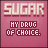 A 48x48 pixel animated contact sheet showing two frames of a buddy icon with pink background and pixelated text "SUGAR" above "MY DRUG OF CHOICE."