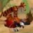 Pixelated static image of a figure in dynamic pose with red and brown clothing against blurred green and beige background.