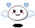 A 4-frame pixel art contact sheet of a white round angelic character with wings, hearts, and facial expression changes across frames.