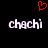 Red pixelated heart symbol above two identical white text 'chachi' on black background.
