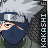 Pixelated anime-style character with silver hair, blue mask covering lower face, and green clothing; vertical text 'KAKASHI' on right side.
