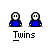 Pixel art of two identical blue-shirted figures with white faces, each in a under 'Twins' text, showing sequential speech bubble changes