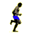 A sequence of running poses showing a shirtless figure with blue shorts against a gray background, captured in