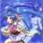 Pixelated anime-style character with blue hair and colorful clothing against a blue background, next to black with white text