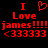 Red pixelated text and symbols on black background: 'I' with heart symbol, 'Love', 'james!!!!', '<333333' in two identical side-by-side