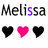 Melissa text with purple 'l' and pink hearts in three of varying heart counts, some black hearts visible