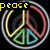 A circular neon-style peace symbol with segmented colored sections and the word 'peace' in different colors around its perimeter.