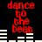 Red pixelated text 'dance to the beat' appears in four quadrants on a black background with white horizontal bars, each quadrant showing different bar patterns.
