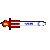 Pixelated red and white object with blue accents on gray background, showing two states of motion.