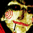 A pixelated contact sheet showing two frames of a Saw movie-themed animated buddy icon with a wooden mask and text.