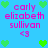Pixelated blue background with pink text reading 'early elizabeth sullivan <3' and green heart symbols arranged in a pattern