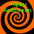 Four identical orange and black spiral patterns with green 'Happy Halloween' text, arranged in a on a solid black background