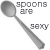 Two side-by-side grayscale spoon icons with text overlays; the right icon has a pink '50' replacing part of the lower text.