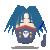 Pixelated character with blue hair and red-and-blue outfit, showing sequential hand position changes