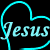 A static pixelated icon features the word 'Jesus' in light blue cursive text inside a cyan heart outline on black background.