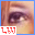 Pixelated close-up of human eyes with purple eyeshadow, two versions of a 'LW' logo in bottom corners, blue border framing the image.
