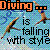 Pixelated image with orange 'Diving' text, black 'is falling with style' text, and two diver figures against a blue pixel grid background.