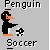 Pixelated penguin with orange beak and feet holds soccer ball, stands next to goal net on gray background.