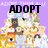 Pixelated collage of cartoon characters on purple background with black text overlays reading ADOPT, LOVE, and ALL.
