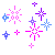 A contact sheet of 20 pixelated starburst icons in blue, purple, and pink hues on a gray background with no visible text or animation changes between frames.