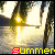 Animated sequence showing a bright light source over water with changing text below, depicting summer and time-related phrases.