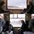 Animated sequence showing a character in a train or bus interior with large windows, transitioning between seated and standing poses.