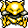 Pixelated yellow creature with glowing white eyes and mouth, black outline, green accents on limbs, standing against white background.