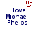 A pixelated image with blue text reading 'I love Michael Phelps' and a red heart symbol above the text on both sides of a split composition.