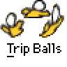 Animated contact sheet showing two identical frames of a yellow cartoon character with white eyes and a running pose, accompanied by red text reading "badass buddy .com" and black text reading "Trip Balls" on a gray background.