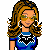 Pixelated character with long brown hair, blue top, and black-and-white patterned chest design; multiple views show different poses and expressions.