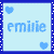 Pixelated light blue square with dark blue border containing the name 'emilie' in lowercase, two heart symbols at top-left and bottom-right corners.