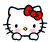 Pixelated white cat with red bow, pink cheeks, and yellow nose in three distinct poses on gray background.