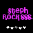 Pixelated text 'steph ROCK RSS' in magenta on black background with white and gray plus signs below, two variations differ by plus sign positions.
