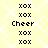 Pixelated text 'xox' and 'Cheer' arranged in a on a light yellow background with white diamond patterns