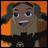 Pixelated cartoon character with brown hair, large eyes, and a neutral expression wearing dark clothing against an orange-and-green background.