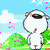 Pixelated cartoon animal with white body, black nose, and pink cheeks stands in a landscape with green hills, blue sky, and scattered pink flowers.