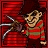 Pixelated 4-frame animation contact sheet of a character in red-green striped sweater with metal claws against red background.