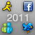 Yellow stick figure icon with black outline, blue square Facebook icon with white 'f', white '2011' text, green and blue group icon, blue bird icon with yellow beak and feet on gray background