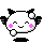 Pixelated cartoon character with white face, black ears, pink cheeks, and closed eyes in one frame; mouth opens to square shape in next frame.