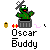 Animated contact sheet showing two identical frames of a pixelated green cactus character with red mouth, white eyes, and gray gun on shoulder standing in trash can, next to text "Oscar Buddy" and promotional text for badassbuddy.com