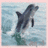 Pixelated image of a dolphin leaping from water, rendered in blue and gray tones with light background.