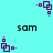 Pixelated purple geometric shapes and black text 'sam' on cyan background with animated rotation.