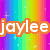 Rainbow striped background with white plus signs, orange text 'jaylee loves puppies', black text 'so much' on lower left.