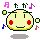 Two pixelated yellow circular characters with red cheeks, green outlines, and musical symbols floating around them on a gray background.