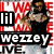 Pixelated image of a person in black clothing holding an object, with red and white background text reading 'lil weizey' and partial 'ME' below.